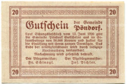 Банкнота 20 геллеров 1920 года Австрия Пёндорф (нотгельд)