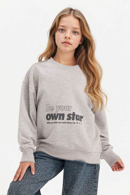 Relax Fit Bisiklet Yaka Bask_l_ Sweatshirt K_z _ocuk - Defacto фото 3