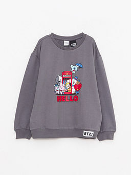 Bisiklet Yaka BT21 Bask?l? Uzun Kollu K?z ?ocuk Sweatshirt