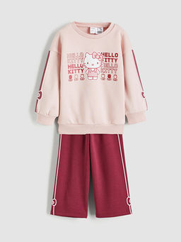 Bisiklet Yaka Hello Kitty Bask?l? K?z ?ocuk Sweatshirt ve Pantolon