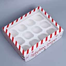 Цена за 5 шт. Коробка складная на 12 капкейков с окном «Новогодняя посылка», 32.5×25.5×10 см