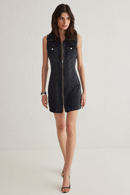 TRENDYOLMILLA Siyah Fermuar Detayl? Dik Yaka Mini Denim Elbise TWOSS25EL00148