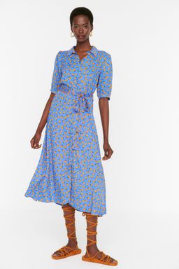 Mavi Cicek Desenli Kusakl? Midi Dokuma Viskon Gomlek Elbise TWOSS20EL1559
