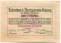 Банкнота 10 геллеров 1920 года Австрия  Реберг-бай-Кремс-ан-дер-Донау (нотгельд)