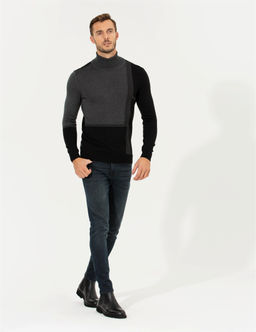Gri Slim Fit Bal_k__ Yaka Triko Kazak