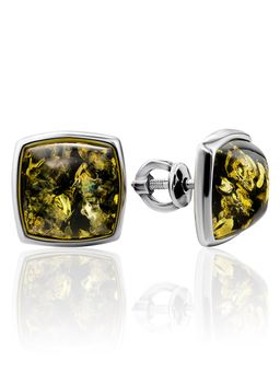 Серьги-гвоздики Зефир с зелёным янтарём