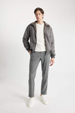 Замшевое пальто приталенного кроя с воротником-поло на подкладке - Defacto фото 2