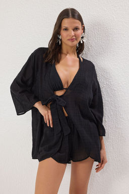 Plaj Giyim Siyah Dokuma Baglama Detayl? Yuksek Bel Mini Bluz-Sort Tak?m TBESS25AU00050