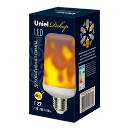 LED-L60-6W/FLAME/E27/FR PLD01WH Лампа светодиодная декоративная с типом свечения эффект пламени. Форма цилиндр, матовая. Картон. ТМ Uniel.
