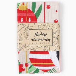 Набор полотенец Доляна Новогодние игрушки 28х46 см - 2 шт, 100% хл, рогожка 164 г/м2  фото 6