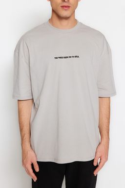 Trendyolmilla Man Gri Oversize Kabar?k Yaz? Bask?l? %100 Pamuklu T-Shirt TMNSS23TS00190  фото 6