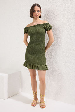 Haki Duz Vucudu Saran Gipeli K?sa / Mini Dokuma Elbise TWOSS23EL00892