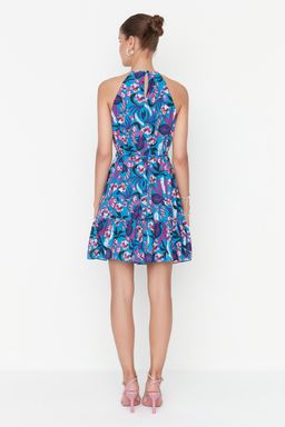 Mavi Cicekli Halter Yaka A Kesim Baglama Detayl? Mini Dokuma Elbise TWOSS22EL00666