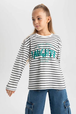 Футболка оверсайз с круглым вырезом и длинными рукавами для девочек - Defacto фото 6