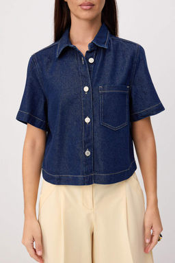 Lacivert Tencel Kar___ml_ K_sa Kol D__me Detayl_ Denim G_mlek TWOSS26GO00193 - Trendyolmilla фото 3