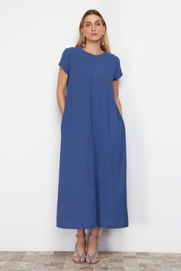 Mavi Duz Kesim Bisiklet Yaka Cep Detayl? Aerobin Midi Dokuma Elbise TWOSS24EL00670 - Trendyolmilla фото 2