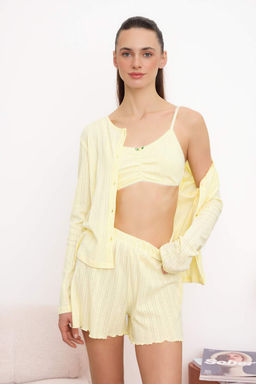 Sar? %100 Pamuklu 3lu Fitilli/Pointel Orme Pijama Tak?m? THMSS26PT00161