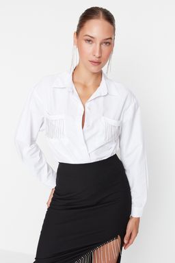 TRENDYOLMILLA Ekru Parlak Tasl? Genis Kal?p Dokuma Poplin Gomlek TPRAW23GO00012  фото 4