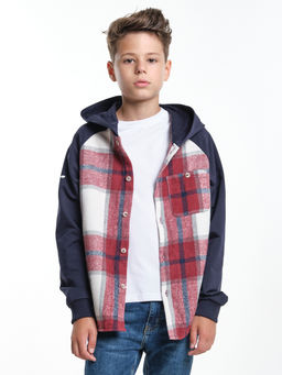 Рубашка подростковая в клетку с капюшоном UD 7982 т.син/бордо клетка