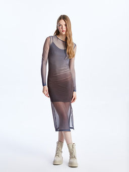 Bisiklet Yaka Batik Uzun Kollu Elbise