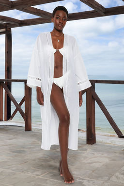 Ekru Kusakl? Dokuma Serit Aksesuarl? Midi Plaj Kimono&Kaftan TBESS21KM0008