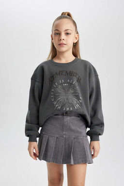 Толстый свитшот с круглым вырезом и принтом для девочек - Defacto фото 3