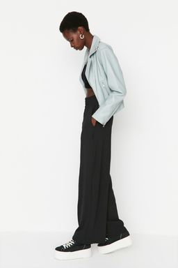 Siyah Wide Leg/Genis Paca Beli Lastikli Dokuma Pantolon TWOSS22PL00024