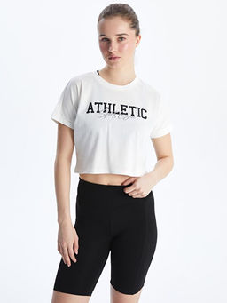 Bisiklet Yaka Bask?l? Crop Kad?n Spor Ti??rt