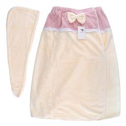 Парео махровое "Куколка" 80х165см, хлопок 100%, на резинке с липучкой, на кнопке, ажурный кант; с чалмой на пуговице 68х25см, ванильный (Китай)