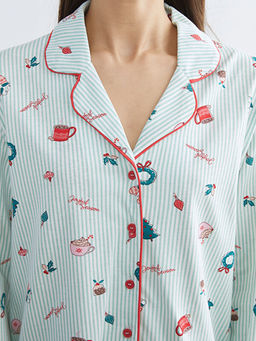 G?mlek Yaka Bask?l? Kad?n Pijama Tak?m?