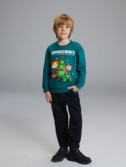 Bisiklet Yaka Minecraft Bask?l? Erkek ?ocuk Sweatshirt