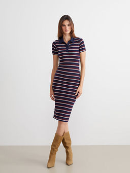 G?mlek Yaka ?izgili Bodycon Elbise