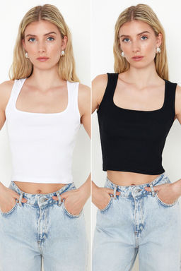 Trendyolmilla Siyah-Beyaz 2li Paket Fitted/Vucuda Oturan Fitilli Esnek Orme Bluz TWOSS24BZ00583