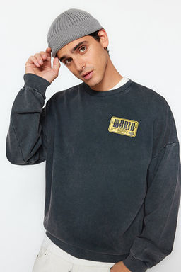 Antrasit %100 Pamuk Oversize/Geni_ Kesim Eskitme/Soluk Efektli _ardonsuz Sweatshirt TMNAW24SW00080