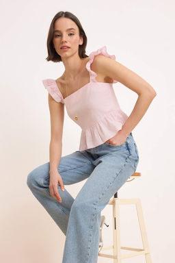 Pembe F?rf?r Ask?l? S?rt? Gipeli Pamuklu Ince Dokuma Bluz TWOSS26BZ00530