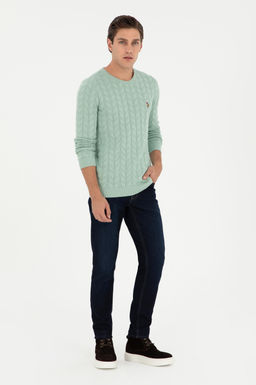 Erkek Slim Fit Bisiklet Yaka Su Ye_ili Basic Kazak