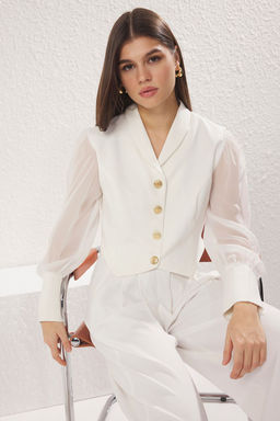 TRENDYOLMILLA Beyaz Metal Dugme Detayl? Kollar? Transparan Crop Dokuma Blazer Ceket TWOSS25BC00026  фото 2