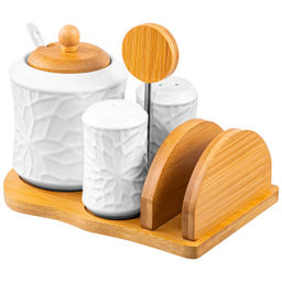 Набор - сахарница 350 мл "Витраж" с ложкой + солонка + перечница + салфетница на дер.подст.с ручкой