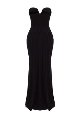 Limited Edition Siyah Kadife Kalp Yaka Maxi Abiye & Mezuniyet Elbisesi TPRAW26AE00006