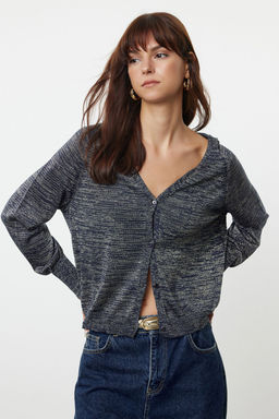 TRENDYOLMILLA Indigo Premium Kalite Genis Kal?p Simli Kapusonlu Triko H?rka TWOAW25HI00043