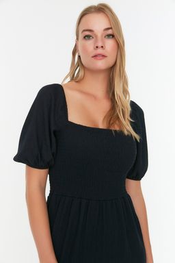 Lacivert Gipeli Belden Ac?lan/Skater Kare Yaka Balon Kol Midi Burumcuk Orme Elbise TWOSS22EL1088