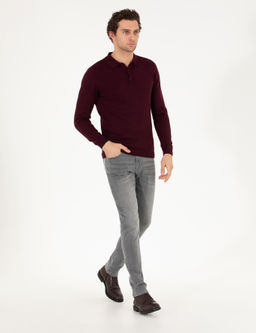 Бордово-красный базовый трикотажный свитер с воротником-поло приталенного кроя - Cacharel фото 4