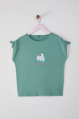 Mint K?z Cocuk %100 Pamuk Bask?l? Regular/Normal Kal?p Ay Kol Orme T-Shirt TKDSS25TS00059