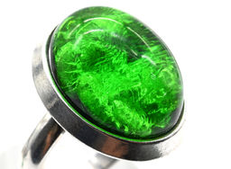 Комплект с янтарём "буранит" в посеребрении кольцо, серьги овал 18*23мм зеленый