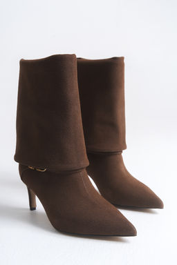 Kahverengi Premium Cift Kullan?ml? Kemer Detayl? Suet Kad?n 6,5 cm Topuklu Bot&Cizme TAKAW26BO00092