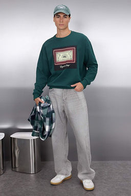 Ye_il Oversize/Geni_ Kesim Bisiklet Yaka Uzun Kol Etnik Aplikeli Sweatshirt TMNAW24SW00170 - Trendyolmilla фото 2