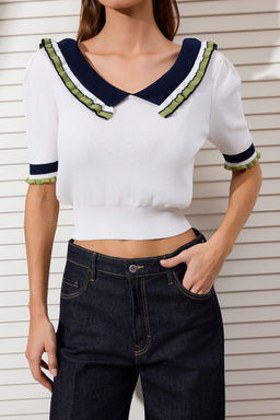 Ekru Renk Bloklu Yaka ve Kol Detayl? Triko Bluz TWOSS26BZ00134 - Trendyolmilla фото 3