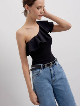 CONTE Комбинированный топ в рубчик с широким воланом LD 2636 black - Conte elegant фото 2