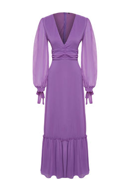 Mor A-Kesim Dokuma Sifon Uzun Gece Abiye Elbise TPRSS24AE00117 - Trendyolmilla фото 7