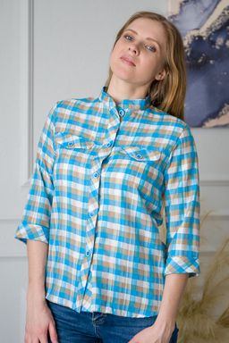 Туника женская со стойкой голубая клетка - Амадэль фото 6